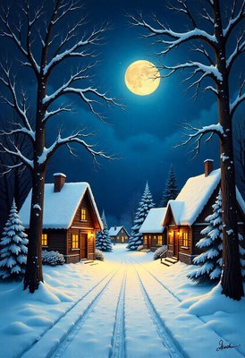 A snowy village street glows under a full moon