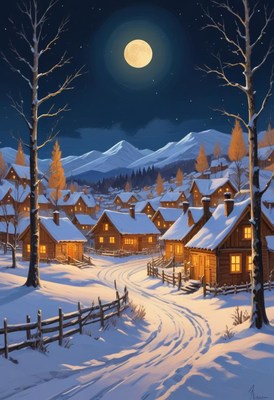 Snowy village shines under the full moonlight