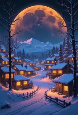 A snowy village nestled beneath a giant moon