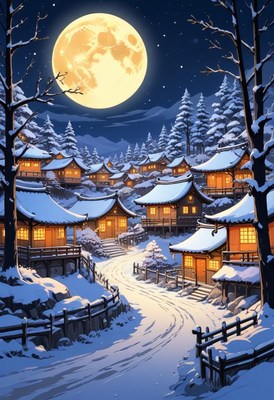 A snowy village under a full moon