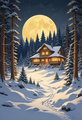 A cozy cabin nestled in a snowy forest under a full moon