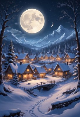 A snowy village nestled in the mountains under a full moon
