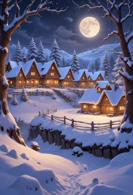 A snowy village shines under a full moon