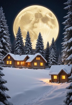 A snowy cabin nestled under a full moon