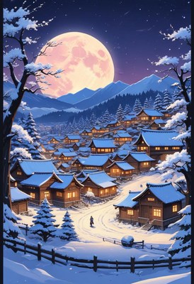 A snowy village nestled in the mountains under a full moon