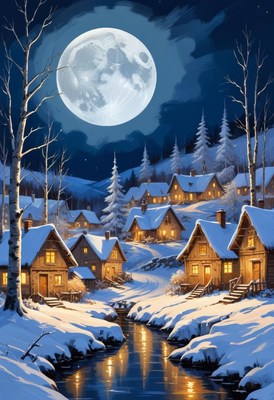 A snowy village under a full moon