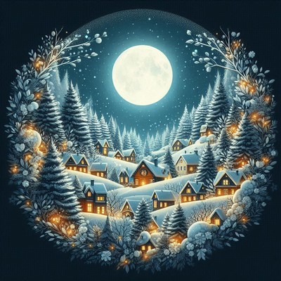 A snowy village glows under a full moon