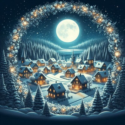 A snowy village sleeps under a full moon