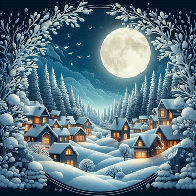 A snowy village nestled in a forest under a full moon