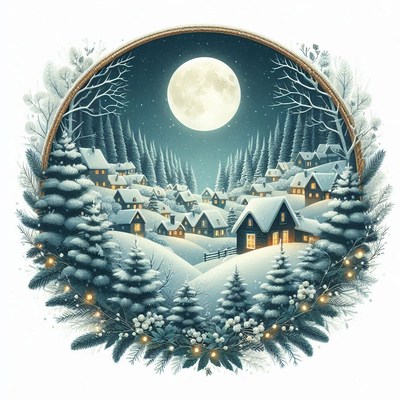 A snowy village nestled in a forest under a full moon