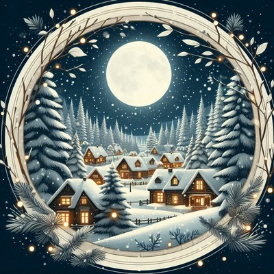A snowy village glows under a full moon