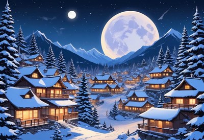 A snowy village nestled in the mountains under a full moon