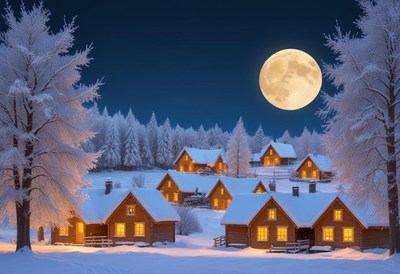 Snow-covered cabins glow under a full moon