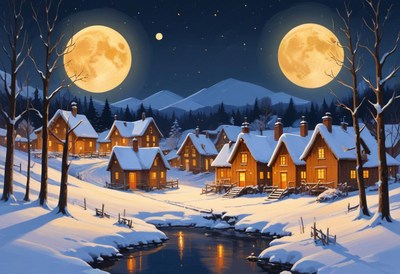 A cozy village sleeps under a full moon