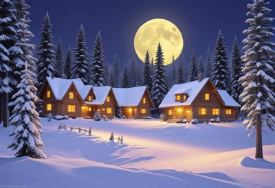 Cozy cabins nestled in a snowy forest under a full moon