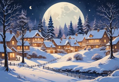 A snowy village scene with a full moon in the sky
