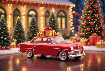 Red car with gifts outside a christmas-decorated house