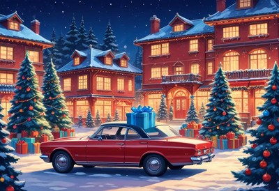 Red car with gifts on the roof by a festive house