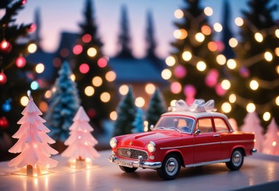 A red toy car sits in front of christmas trees