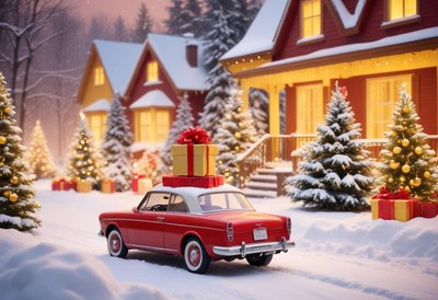 Red car with presents drives through snowy street