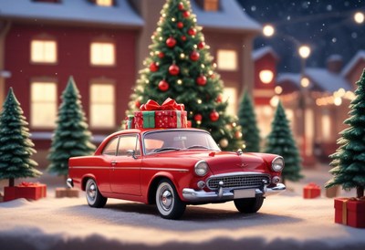 A red car is loaded with presents in a snowy town