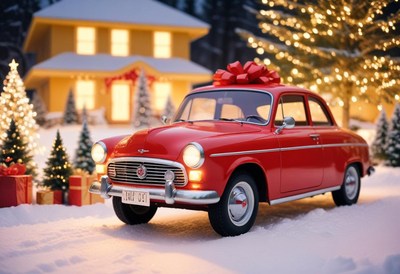 A red car with a bow sits in the snow in front of a house