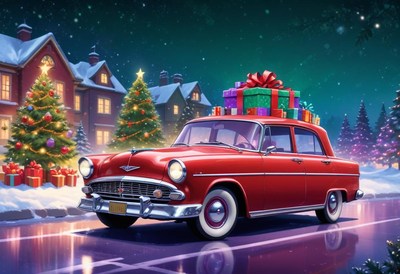 A classic car passes festive homes on christmas eve