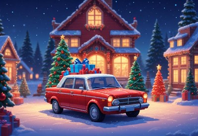 Red car parked by a snowy house on christmas eve