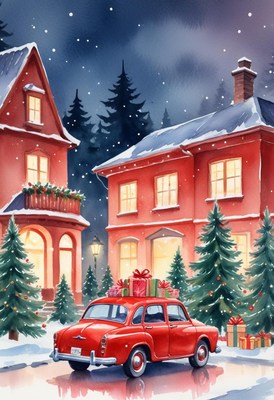 Red car by a snowy house on christmas night
