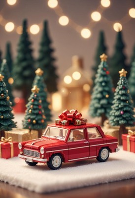 Red toy car with a bow in a snowy scene
