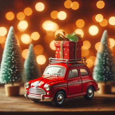 Red toy car with a gift by small pine trees