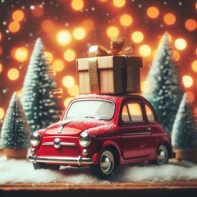 A red car with a gift on top sits in the snow