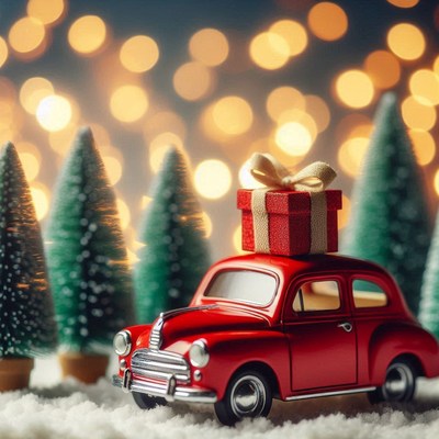 Red toy car with a gift in front of pine trees