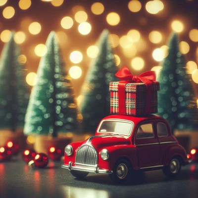 A red toy car carries a gift past christmas trees