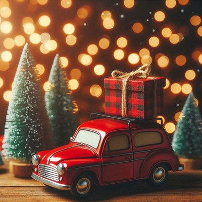 A red toy car carries a gift under a festive light display