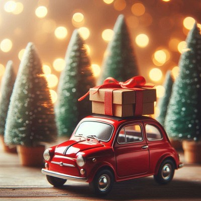 Red car with a gift drives through tiny christmas trees