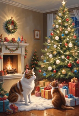 Two cats watch the christmas tree in a cozy living room
