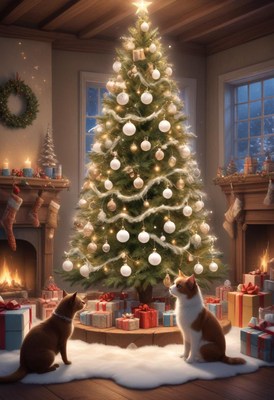 Two cats sit beneath a decorated christmas tree