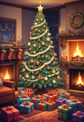 Christmas tree next to a fireplace, surrounded by gifts