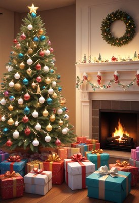Christmas tree by the fireplace with gifts