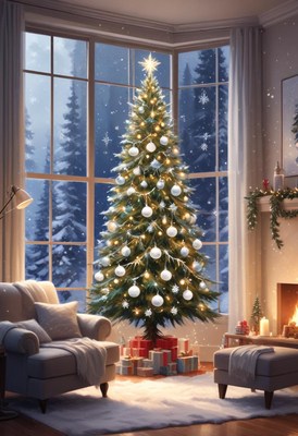 A christmas tree by a window overlooks snow