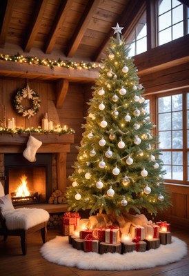 A decorated christmas tree stands in a rustic cabin