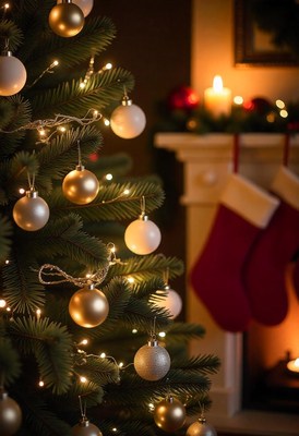 A festive tree with lights by the fireplace