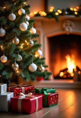 Christmas tree by fireplace with gifts below