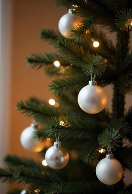 Silver ornaments hang on a christmas tree