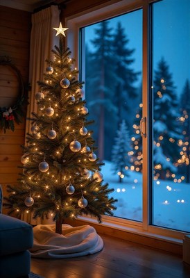 A decorated christmas tree sits by a window
