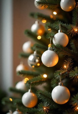 White ornaments adorn a christmas tree