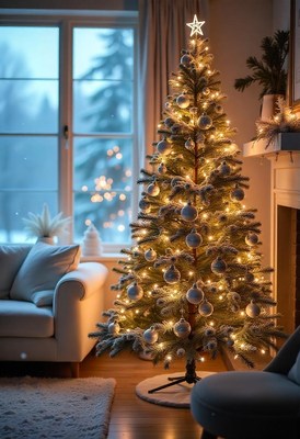 A decorated christmas tree stands in a cozy living room