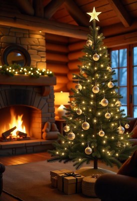 A decorated christmas tree stands in a cozy cabin