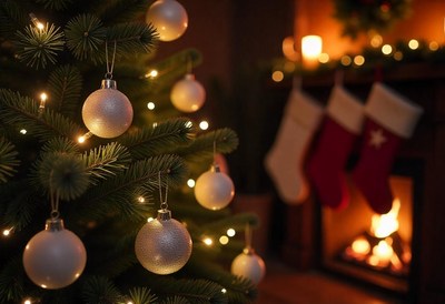 A festive tree with white ornaments by the fireplace